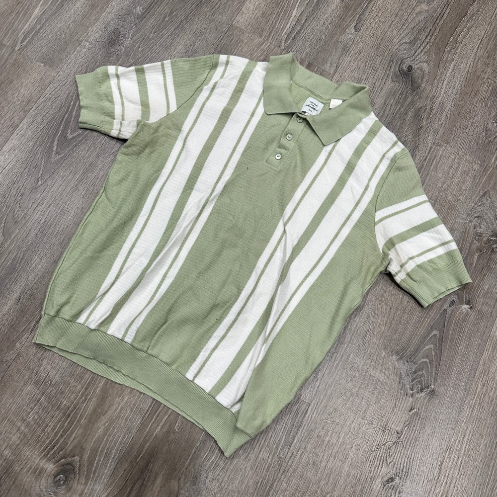 Max 'n Chester Polo Mens Knit L Sage Green White Vertical Stripe Slim Polo Shirt